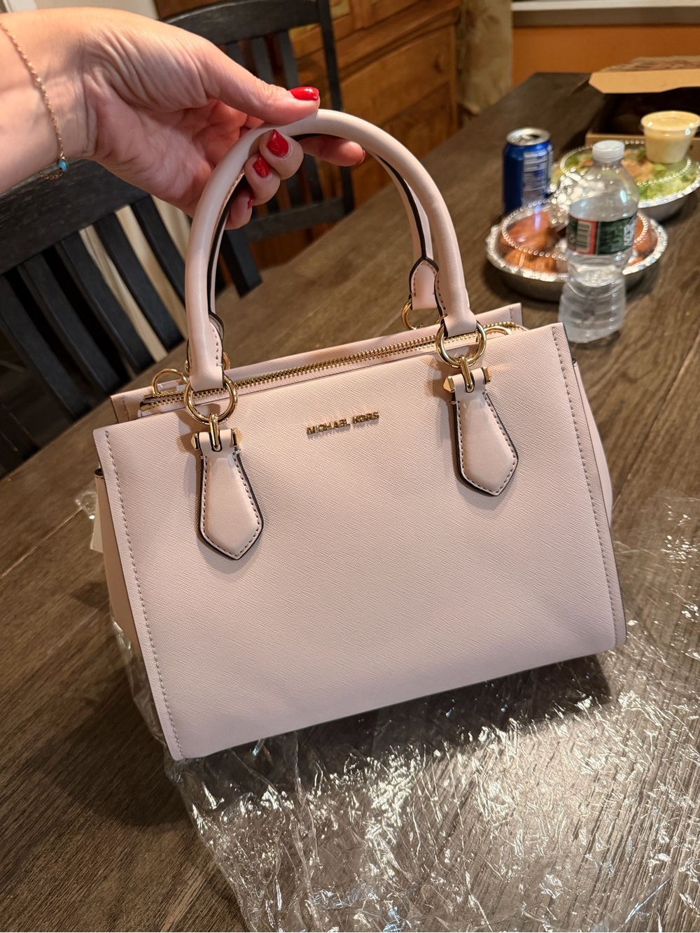 Michael Kors Pale Pink Saffiano Leather Satchel with Gold Hardware